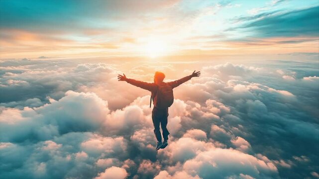 Silhouette of person falling through sunset clouds, arms outstretched