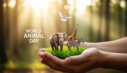 World Animal Day Concept with Wildlife in Human Hands in Forest Background