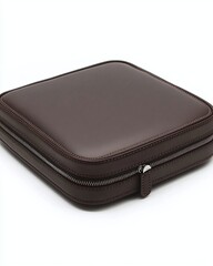 Brown Leather Square Jewelry Case with Zipper Closure