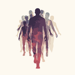 Obraz premium Abstract silhouettes of walking figures in layered colors 