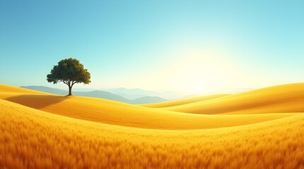 A wide-angle HD photo of golden fields swaying under a clear blue sky, with gentle rolling hills in the distance and a single tree silhouette on the horizon -