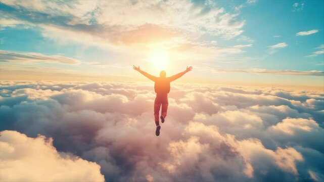 A person silhouetted against a vibrant sunset, arms outstretched, joyfully falling through fluffy clouds