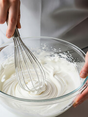 A pair of hands is vigorously whisking a bowl of thick, white cream in a clear glass bowl, creating soft peaks