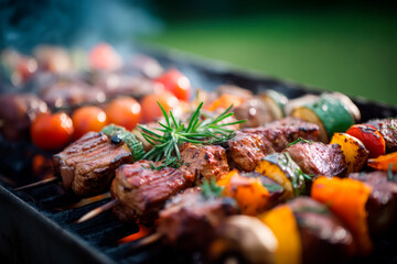 Grilled meat and vegetable skewers on a barbecue, fire smoke in the background