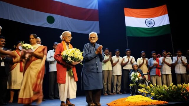Celebrating Achievements: Public Recognition Ceremony with Dignitaries and Indian Flags Backdrop