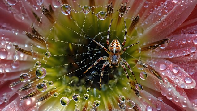 Spiderweb macro photography with water droplets on flower petals garden spider insect