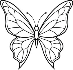 Stylized butterfly outline with elegant wing shapes and fine black linework. Great for coloring books, tattoo designs, and minimalist decor, Elegant Butterfly Line Art Vector in Black and White

