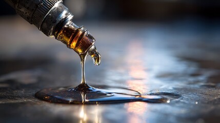 Amber liquid dripping from a metal nozzle onto a reflective surface in a close up view