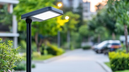 Modern Street Lamp Illuminating Quiet Park Pathway with Greenery in Background
