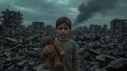 A little boy stands amidst the ruins of a bombed-out city, clutching an old, torn doll in his hand. The sky is dark, and the atmosphere is filled with silence, destruction, and overwhelming loss.