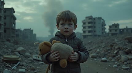 A little boy stands amidst the ruins of a bombed-out city, clutching an old, torn doll in his hand. The sky is dark, and the atmosphere is filled with silence, destruction, and overwhelming loss.