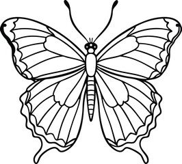 Hand-drawn black and white butterfly vector line art from front view for coloring books, decorative designs, and nature illustration projects, Butterfly outline vector, Line art butterfly front view

