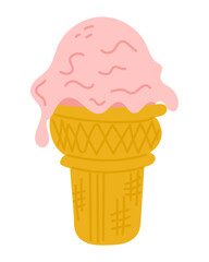 Strawberry ice cream in a waffle cone with pink melting scoop in simple flat style. Concept of summer sweetness, refreshing treat, and joyful indulgence.
