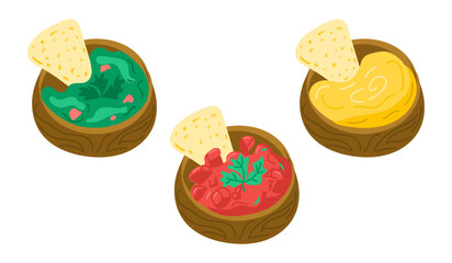 Set of Mexican dips in wooden bowls with tortilla chips, including guacamole, salsa, and cheese sauce. Concept of traditional snack, festive appetizer, and delicious party food.