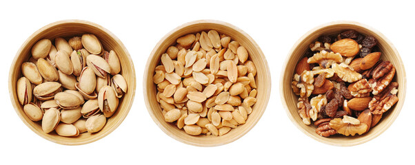 Three types of nuts in bowls. Pistachios, peanuts, and mixed nuts with almonds and walnuts. Isolated on white background. Healthy snack rich in protein and fiber. Natural food cutout.