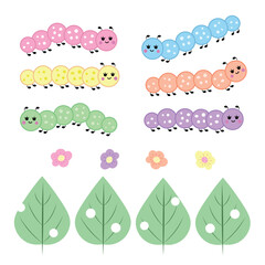 Cute caterpillars, eating leaves, flowers. Vector Illustration for printing, backgrounds, covers and packaging. Image can be used for card, poster, sticker and textile. Isolated on white background.