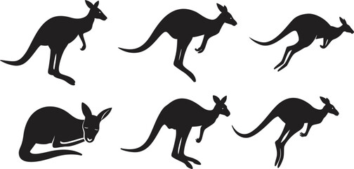 Kangaroo Silhouette Collection Black Color Vector Concept Illustration set.  Set of kangaroo, different poses, black color, isolated on white background