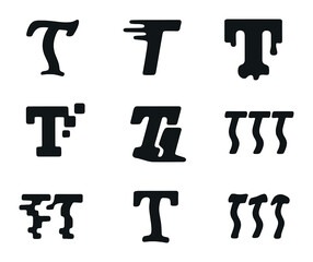 Typography Distortion Icons. Solid, filled icons set of typography distortion: twisted letters, blurry text,