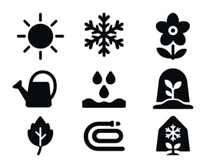 Seasonal Plant Care Icons. Solid, filled icons set of seasonal plant care: summer sun icon, winter frost icon,