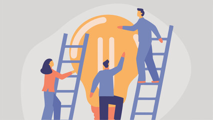 Illustration of people climbing ladders towards a large lightbulb representing collaboration and teamwork