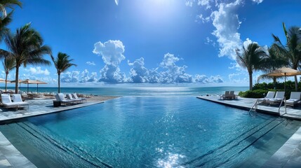 Obraz premium Modern luxury beachside pool with crystal-clear water reflecting the sky
