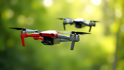 Red and gray drones flying outdoors with green blurred background quadcopter aerial photography
