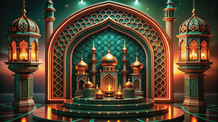 Obraz premium Illuminated Mosque: A stunning digital artwork showcasing a meticulously crafted mosque, adorned with intricate details and vibrant colors. The scene is bathed in a warm, inviting glow.