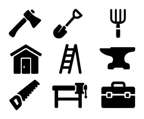 Obraz premium Rustic Tools Icons. Solid, filled icons set of rustic tools and objects: axe, shovel, pitchfork, tool shed,