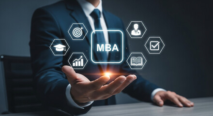 A business man holding mba icons representing education and career growth in a modern setting