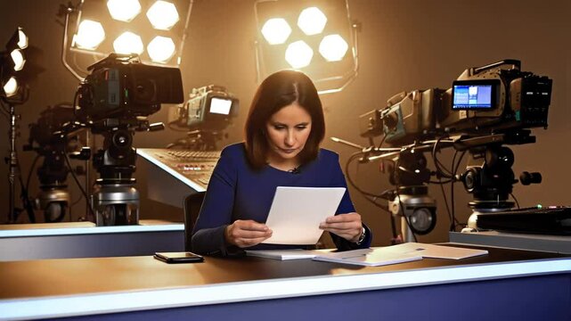 Female news anchor seated at a modern broadcast desk, reviewing notes under bright studio lights, surrounded by professional cameras, conveying a sense of focus and professionalism in journalism