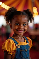 Smiling Black girl child at circus venue with traditional tent dome behind her celebrating World Circus Day. Pure childhood excitement and wonder
