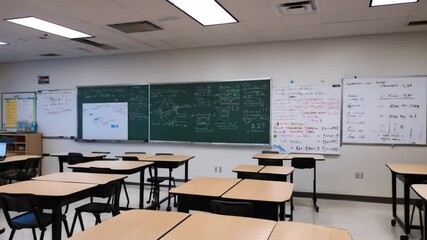 Classroom environment for remote learning showing a blackboard with math equations - Powered by Adobe
