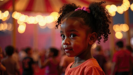 Joyful moment of childhood, excited Black girl at circus arena with red-and-white tent behind on World Circus Day. Celebration of performing arts diversity