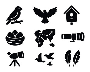 Fototapeta premium Bird Conservation Icons. Solid, filled icons set of bird conservation and photography: perched bird, wing span