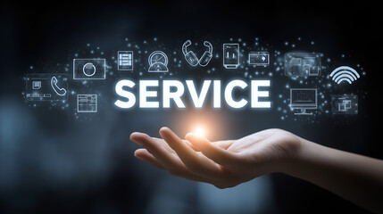 Service at Your Fingertips: A luminous hand tenderly cradles the word "SERVICE", surrounded by a constellation of digital icons symbolizing connectivity and technological advancement.