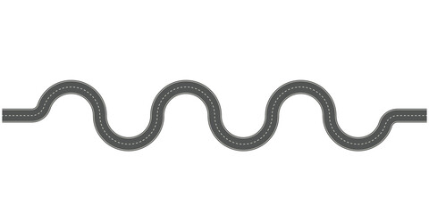 Horizontal asphalt road template. Winding road vector illustration. Seamless highway marking Isolated on background.  
