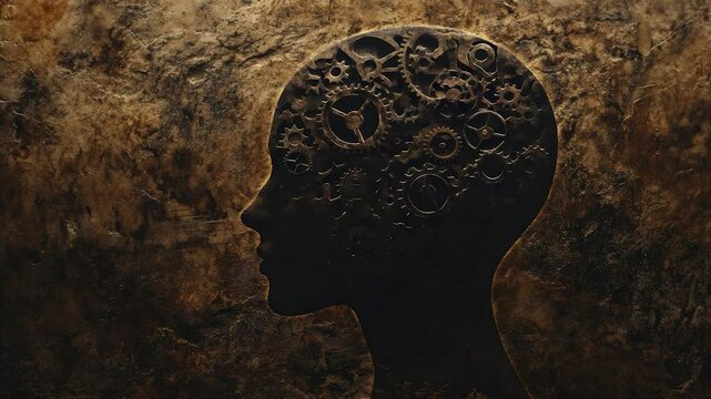 Metallic head silhouette with intricate gears inside, set against a textured brown background.
