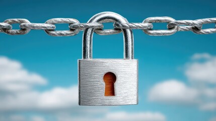 Secure Lock on Chain Against Cloudy Sky Symbolizing Safety and Security Concept