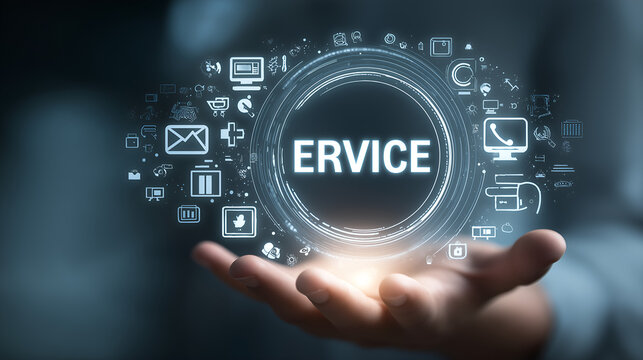 The Embrace of ERVICE: A digital aura floats above a supportive hand. It conveys a message of availability and constant assistance, embodying the core of service.