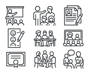 Fototapeta premium Diversity Training Icons. Outline icon set of diversity training sessions: presentation, trainer, diverse