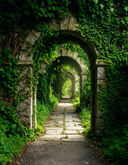 Obraz premium Old arch made of stone and covered with greens. Magical portal on abandoned garden path.