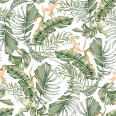 Seamless tropical pattern with watercolor palm leaves and budgerigar isolated on white. Hand painted exotic foliage and yellow parakeet for tropical wallpaper, textile design. Repeat jungle motif.