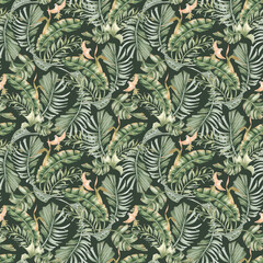 Jungle paradise seamless watercolor pattern isolated on dark. Palm fronds and vibrant yellow budgie hand drawn. Tropical birds and greenery background for wallpaper, packaging, and summer textile.