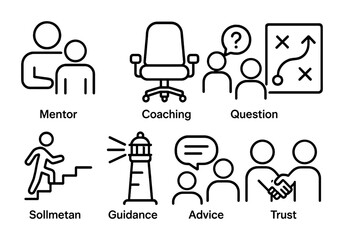 Mentorship Icons Set. Outline vector icons of mentorship and guidance: mentor figure, coaching chair, question