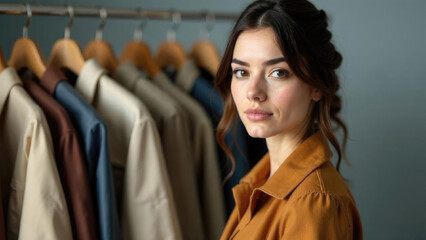 Stylist portrait, young European woman standing by clothes rack, holding garment. brunette with long hair, Clean background with focus on fashion professional