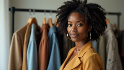 African-American fashion expert portrait in a trendy mustard jacket, female stylist with curly curls working with clothing rack. Business profile image for creatives