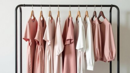 Minimalist clothing rack with pastel dresses and blouses in white, beige, pink shades. Clean and elegant fashion presentation