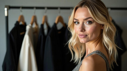 Fashion stylist in work environment, surrounded by hanging clothes. beautiful blonde with long hair