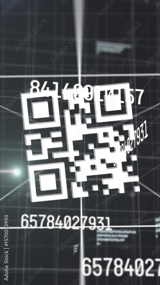 Poster multiple changing numbers over qr code scanner against grid network on black background