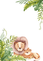 Cute lion family in Tropical Leaves. Vertical watercolor square Frame, card template. Safari animals hand drawn illustration. For kid cards and invitations, posters, Fathers Day designs.